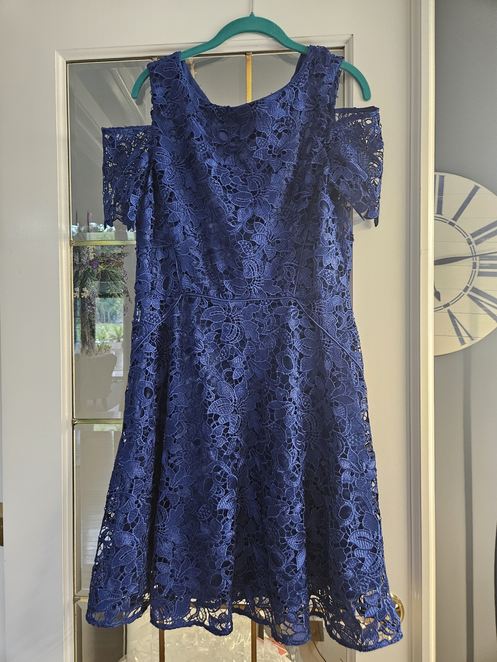 Tahari Navy Blue Off The Shoulder Lace Fit & Flare Dress